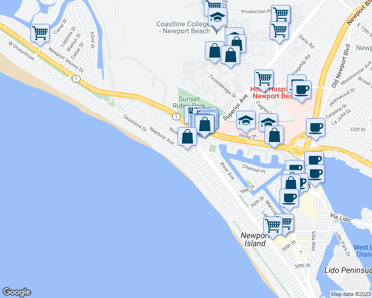 map of restaurants, bars, coffee shops, grocery stores, and more near 119 46th Street in Newport Beach
