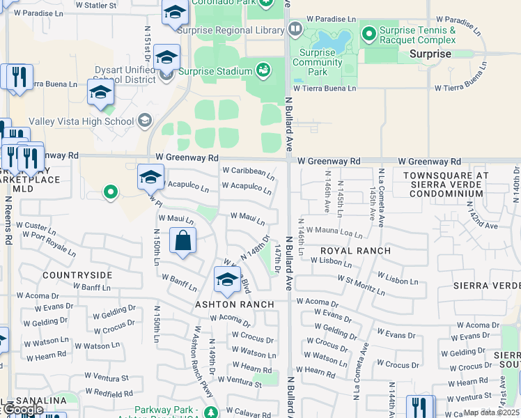 map of restaurants, bars, coffee shops, grocery stores, and more near 14824 West Maui Lane in Surprise