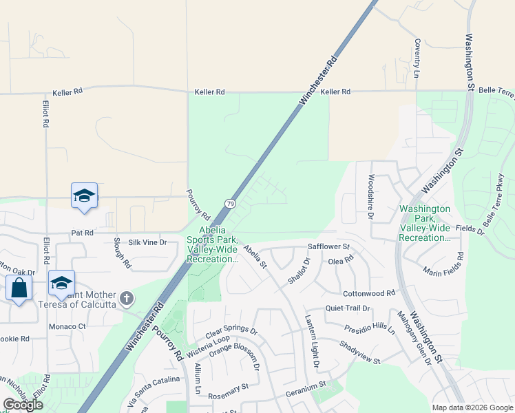 map of restaurants, bars, coffee shops, grocery stores, and more near 34495 Agave Drive in Winchester