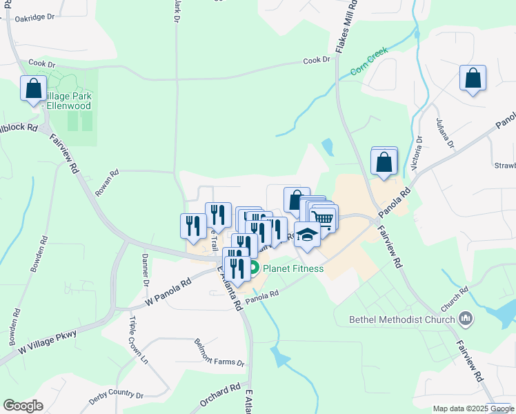 map of restaurants, bars, coffee shops, grocery stores, and more near 71 Wabash Drive in Ellenwood