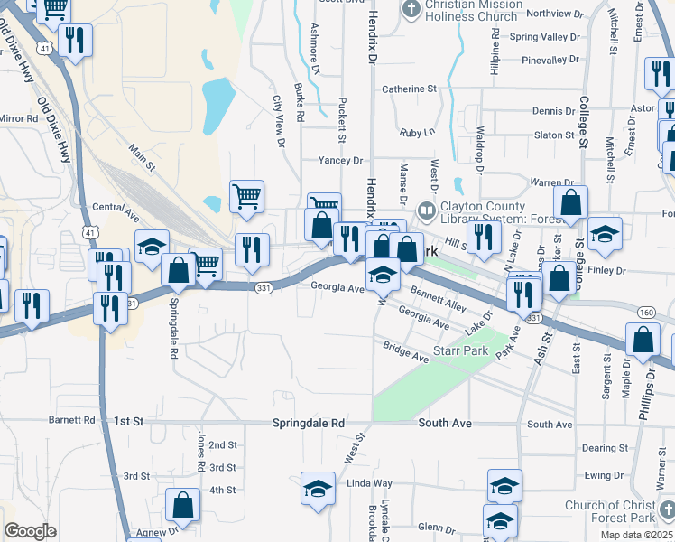 map of restaurants, bars, coffee shops, grocery stores, and more near 540 Georgia Avenue in Forest Park