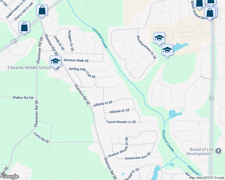 map of restaurants, bars, coffee shops, grocery stores, and more near 1571 Marshall Lane Southeast in Conyers