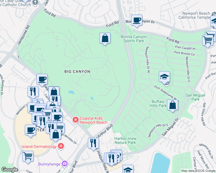 map of restaurants, bars, coffee shops, grocery stores, and more near 29 Augusta Lane in Newport Beach