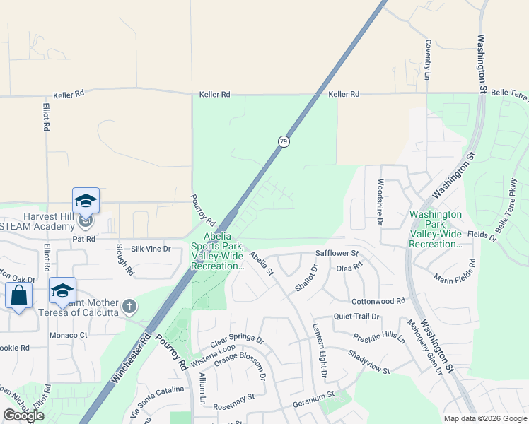 map of restaurants, bars, coffee shops, grocery stores, and more near 34495 Agave Drive in Winchester