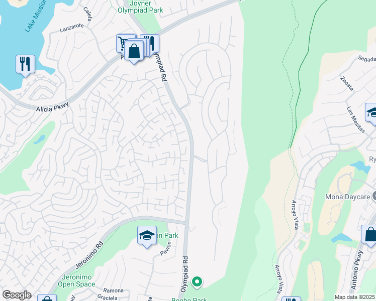 map of restaurants, bars, coffee shops, grocery stores, and more near 23516 Villena in Mission Viejo