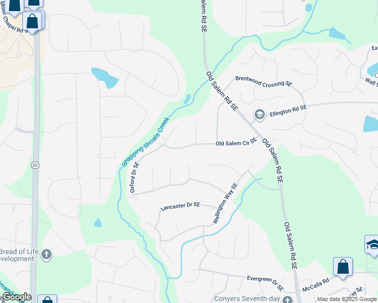 map of restaurants, bars, coffee shops, grocery stores, and more near 2531 Old Salem Circle Southeast in Conyers