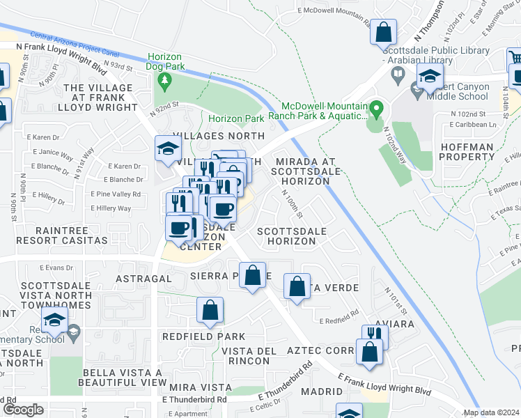 map of restaurants, bars, coffee shops, grocery stores, and more near East Raintree Drive in Scottsdale