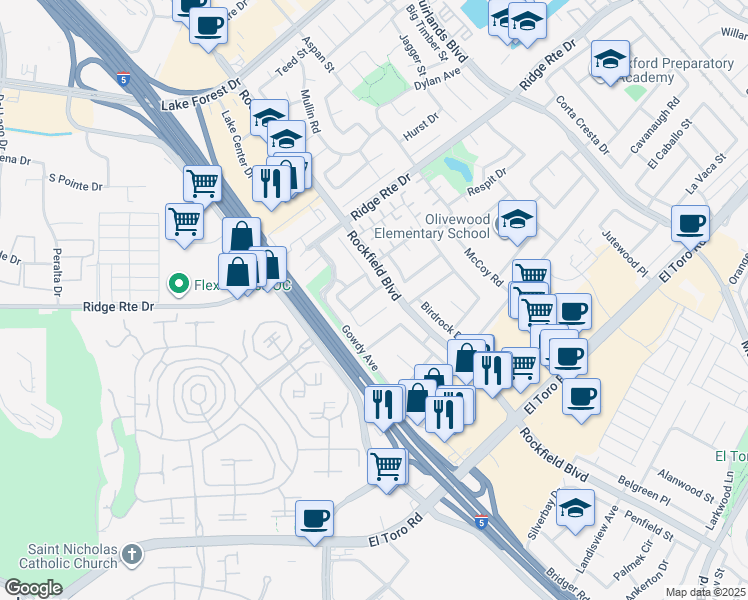 map of restaurants, bars, coffee shops, grocery stores, and more near 23472 White Dove Drive in Lake Forest
