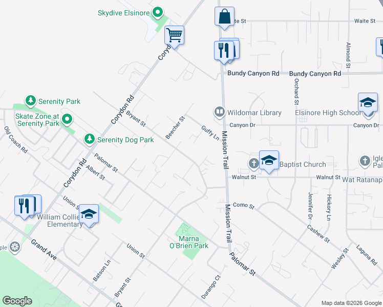 map of restaurants, bars, coffee shops, grocery stores, and more near 20422 Bryant Street in Wildomar