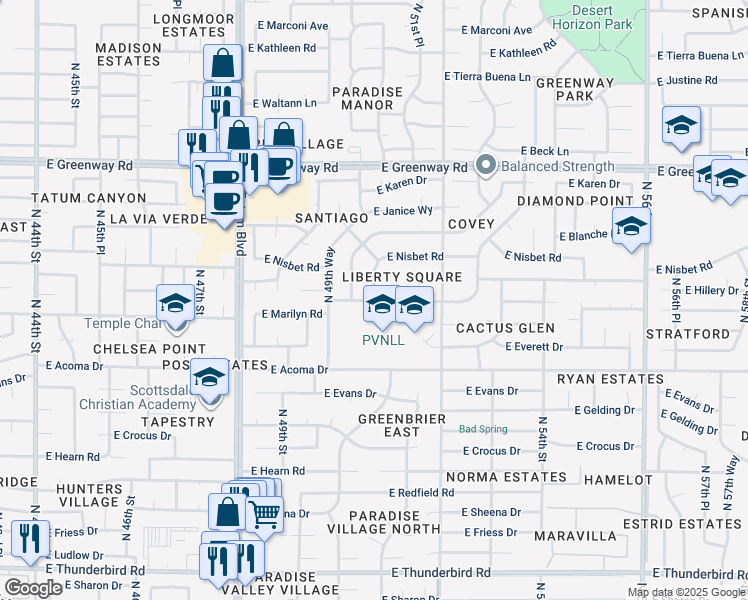 map of restaurants, bars, coffee shops, grocery stores, and more near North 50th Place in Phoenix