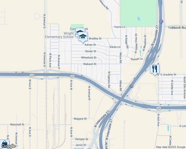 map of restaurants, bars, coffee shops, grocery stores, and more near Texas 289 Loop Frontage Road in Lubbock