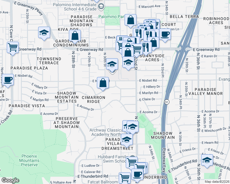 map of restaurants, bars, coffee shops, grocery stores, and more near 3002 East Marilyn Road in Phoenix