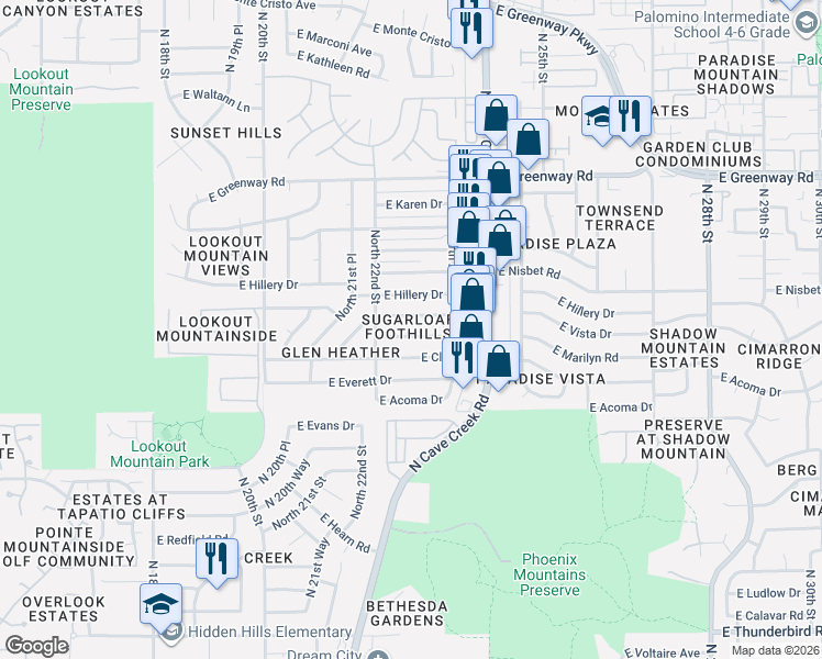 map of restaurants, bars, coffee shops, grocery stores, and more near 2237 East Marilyn Road in Phoenix