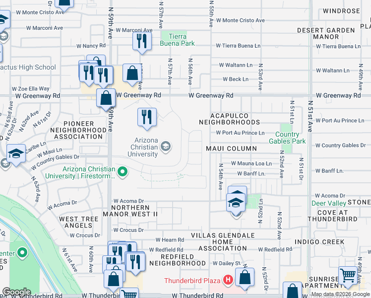 map of restaurants, bars, coffee shops, grocery stores, and more near North 57th Drive in Glendale
