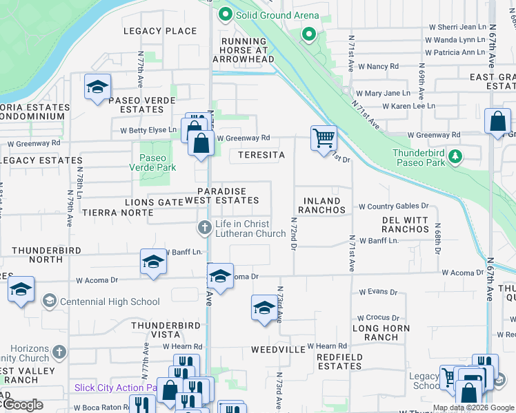 map of restaurants, bars, coffee shops, grocery stores, and more near 15012 North 73rd Avenue in Peoria
