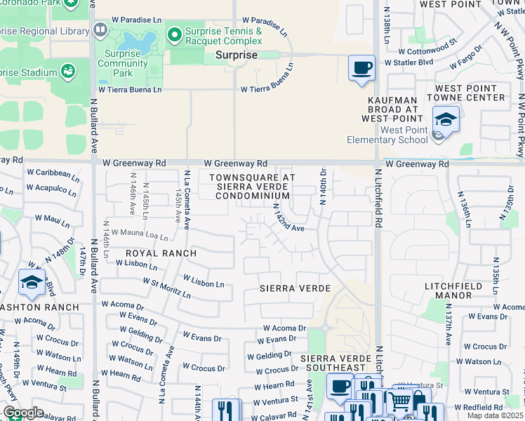 map of restaurants, bars, coffee shops, grocery stores, and more near 14228 West Country Gables Drive in Surprise