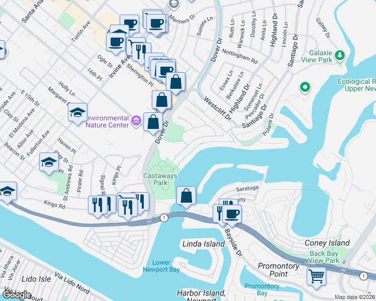 map of restaurants, bars, coffee shops, grocery stores, and more near 15 Cape Andover in Newport Beach