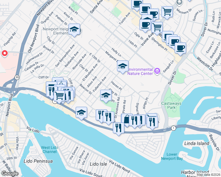 map of restaurants, bars, coffee shops, grocery stores, and more near 1804 Clay Street in Newport Beach