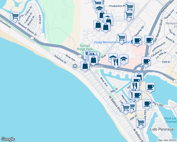 map of restaurants, bars, coffee shops, grocery stores, and more near 125 45th Street in Newport Beach