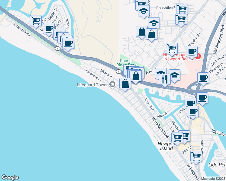 map of restaurants, bars, coffee shops, grocery stores, and more near 4809 Seashore Drive in Newport Beach