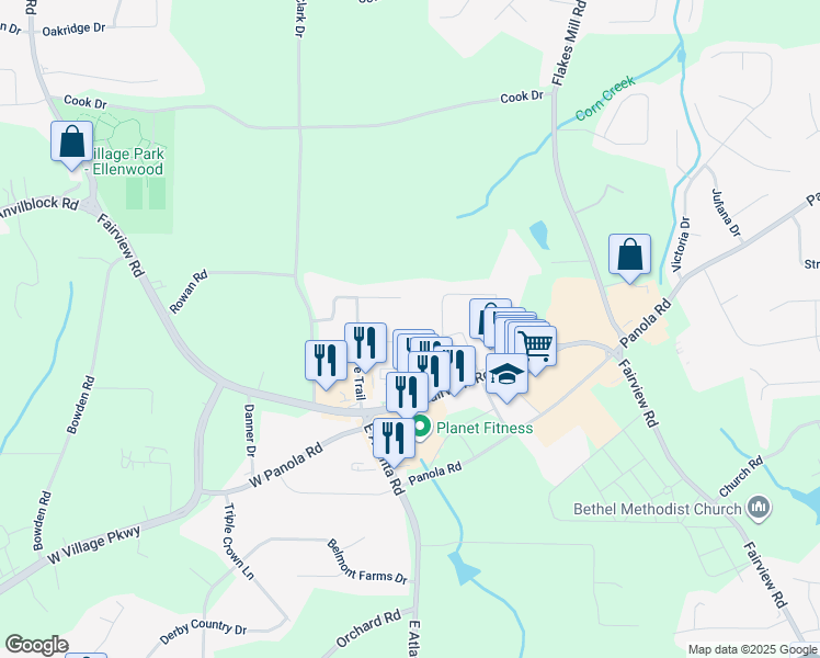 map of restaurants, bars, coffee shops, grocery stores, and more near 275 Rock Island Lane in Ellenwood