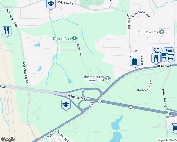 map of restaurants, bars, coffee shops, grocery stores, and more near 4870 Delano Road in Atlanta