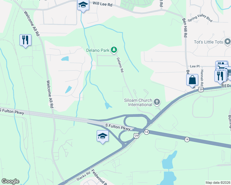 map of restaurants, bars, coffee shops, grocery stores, and more near 3940 Dunn Street Southwest in Atlanta