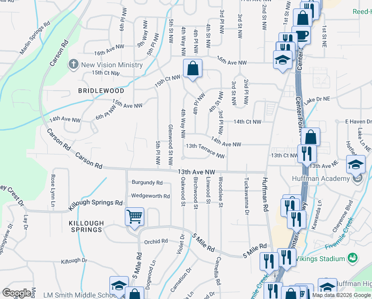 map of restaurants, bars, coffee shops, grocery stores, and more near 1321 4th Way Northwest in Center Point