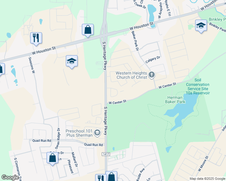 map of restaurants, bars, coffee shops, grocery stores, and more near 303 Farm to Market Road 1417 in Sherman