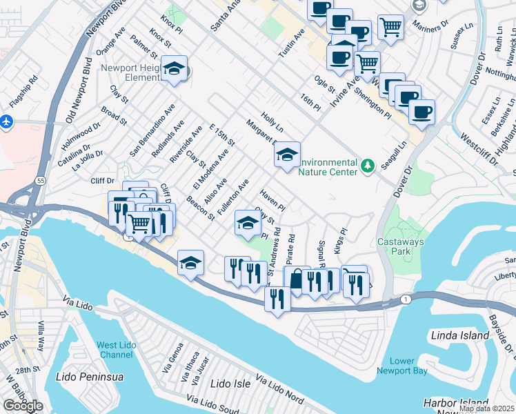map of restaurants, bars, coffee shops, grocery stores, and more near 1804 Clay Street in Newport Beach