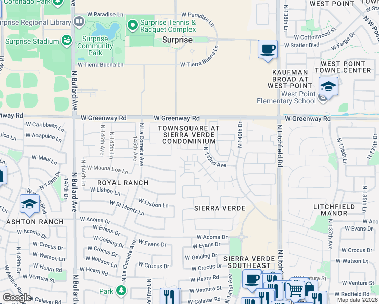 map of restaurants, bars, coffee shops, grocery stores, and more near 14228 West Country Gables Drive in Surprise