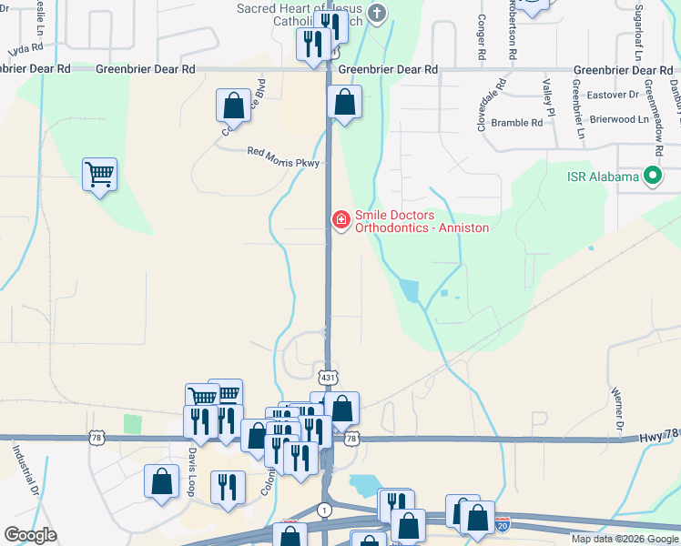 map of restaurants, bars, coffee shops, grocery stores, and more near 1800 Mae Road in Anniston