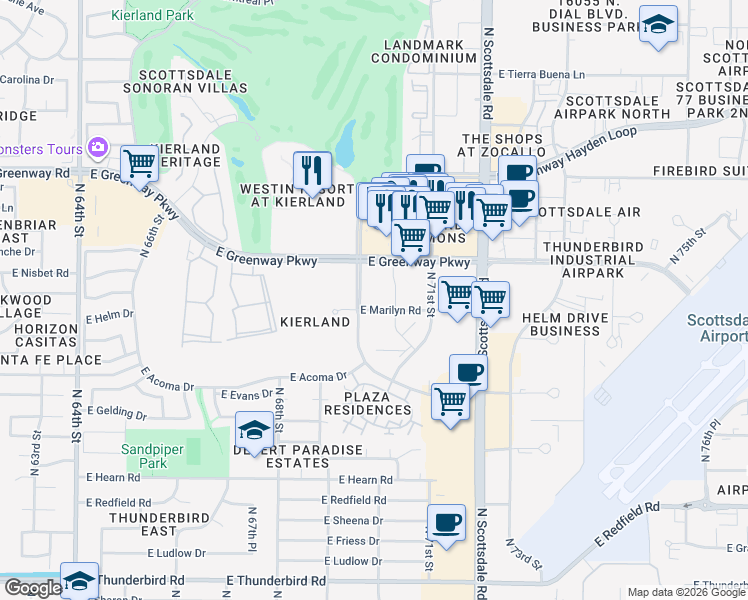map of restaurants, bars, coffee shops, grocery stores, and more near 14811 East Marilyn Road in Scottsdale