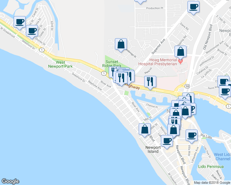 map of restaurants, bars, coffee shops, grocery stores, and more near 125 45th Street in Newport Beach