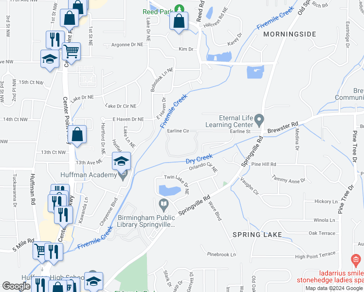map of restaurants, bars, coffee shops, grocery stores, and more near 659 Earline Circle in Birmingham
