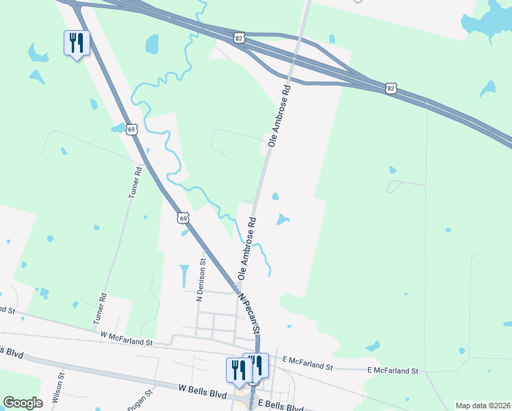map of restaurants, bars, coffee shops, grocery stores, and more near 815 Farm to Market Road 1897 in Bells