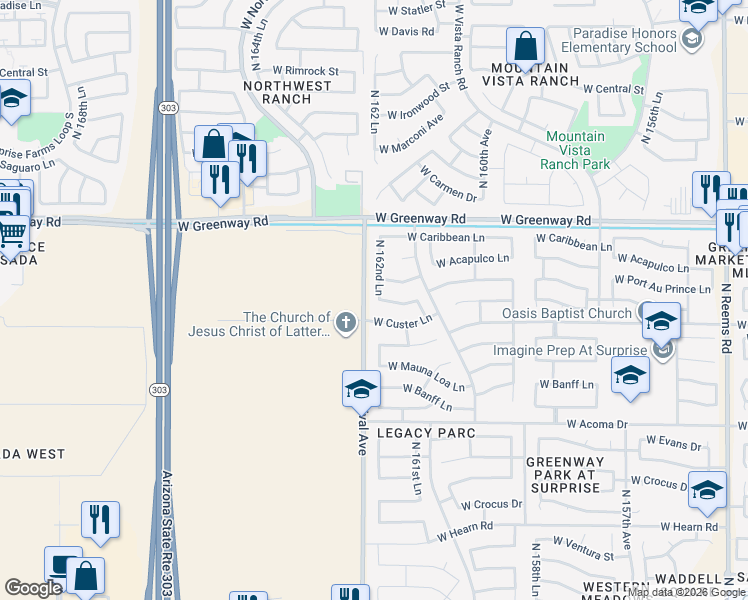 map of restaurants, bars, coffee shops, grocery stores, and more near 16243 West Maui Lane in Surprise