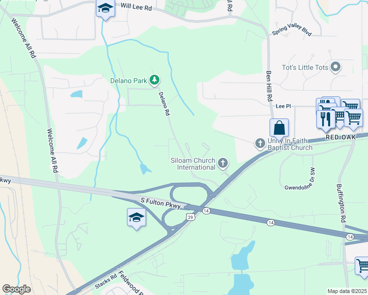 map of restaurants, bars, coffee shops, grocery stores, and more near 4870 Delano Road in Atlanta