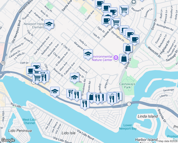 map of restaurants, bars, coffee shops, grocery stores, and more near 600 St Andrews Rd in Newport Beach
