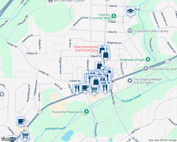 map of restaurants, bars, coffee shops, grocery stores, and more near 213 Willow Street in Trussville