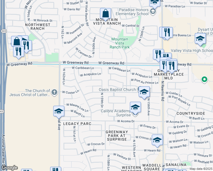 map of restaurants, bars, coffee shops, grocery stores, and more near 15080 North 158th Lane in Surprise
