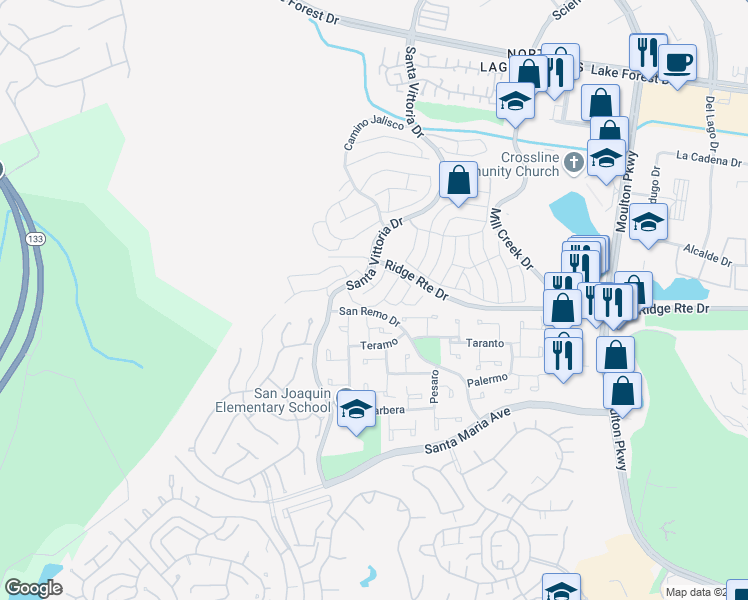 map of restaurants, bars, coffee shops, grocery stores, and more near 22265 Caminito Tiburon in Laguna Hills