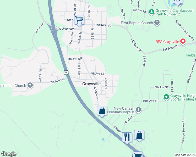 map of restaurants, bars, coffee shops, grocery stores, and more near 687 1st Street Southwest in Graysville