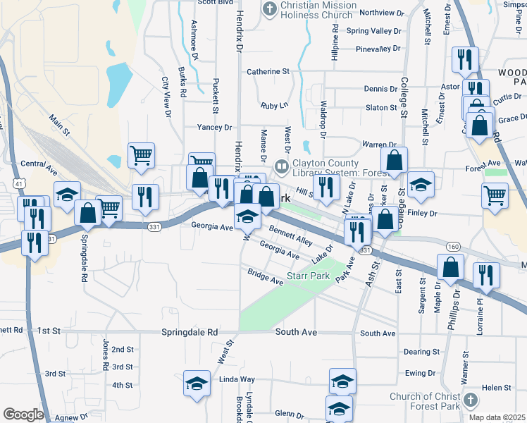 map of restaurants, bars, coffee shops, grocery stores, and more near 571 Forest Parkway in Forest Park