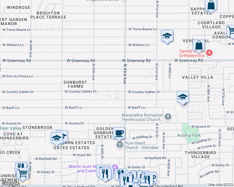 map of restaurants, bars, coffee shops, grocery stores, and more near 4319 West Country Gables Drive in Glendale