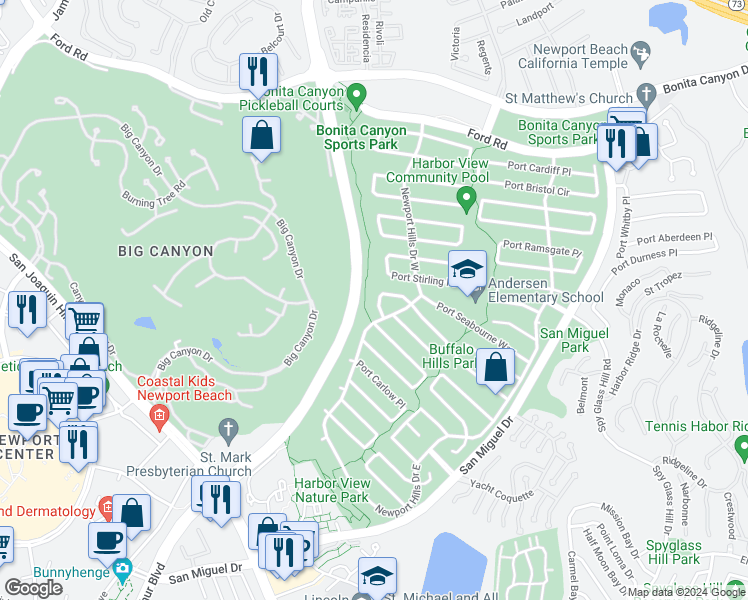 map of restaurants, bars, coffee shops, grocery stores, and more near 1718 Port Manleigh Circle in Newport Beach