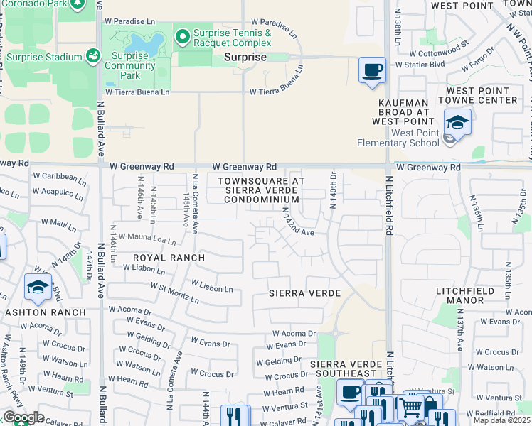 map of restaurants, bars, coffee shops, grocery stores, and more near 15240 North 142nd Avenue in Surprise