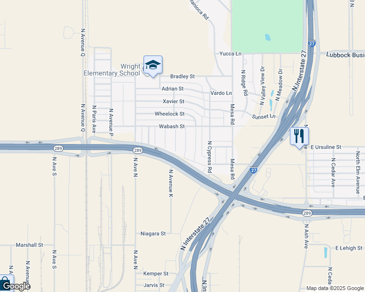 map of restaurants, bars, coffee shops, grocery stores, and more near Texas 289 Loop Frontage Road in Lubbock
