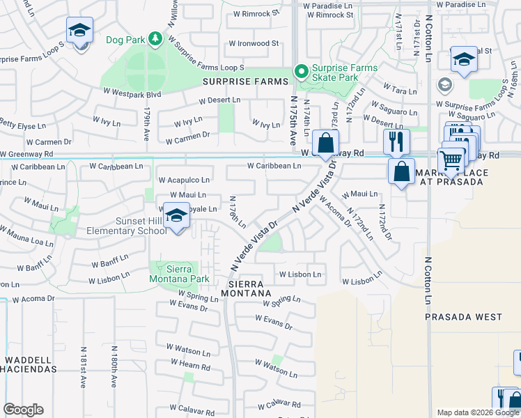 map of restaurants, bars, coffee shops, grocery stores, and more near 17615 West Port Royale Lane in Surprise