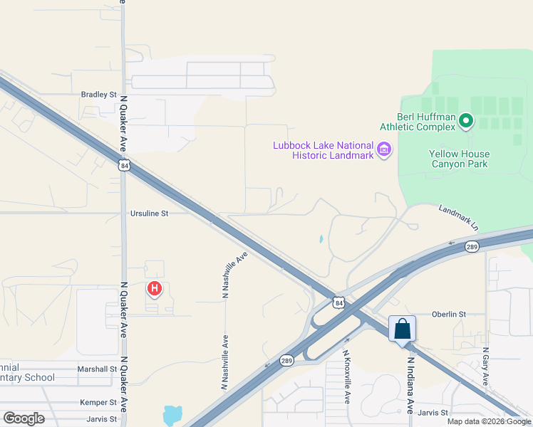 map of restaurants, bars, coffee shops, grocery stores, and more near 3901 Ursuline Street in Lubbock